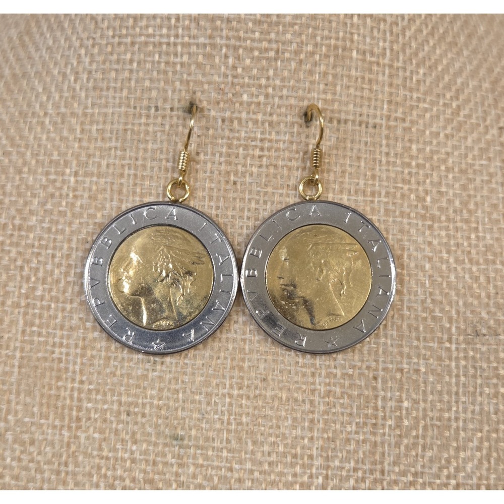 Vintage Itaor Sterling Silver Italian 500 Lire Coin Dangle Earrings Gold Tone